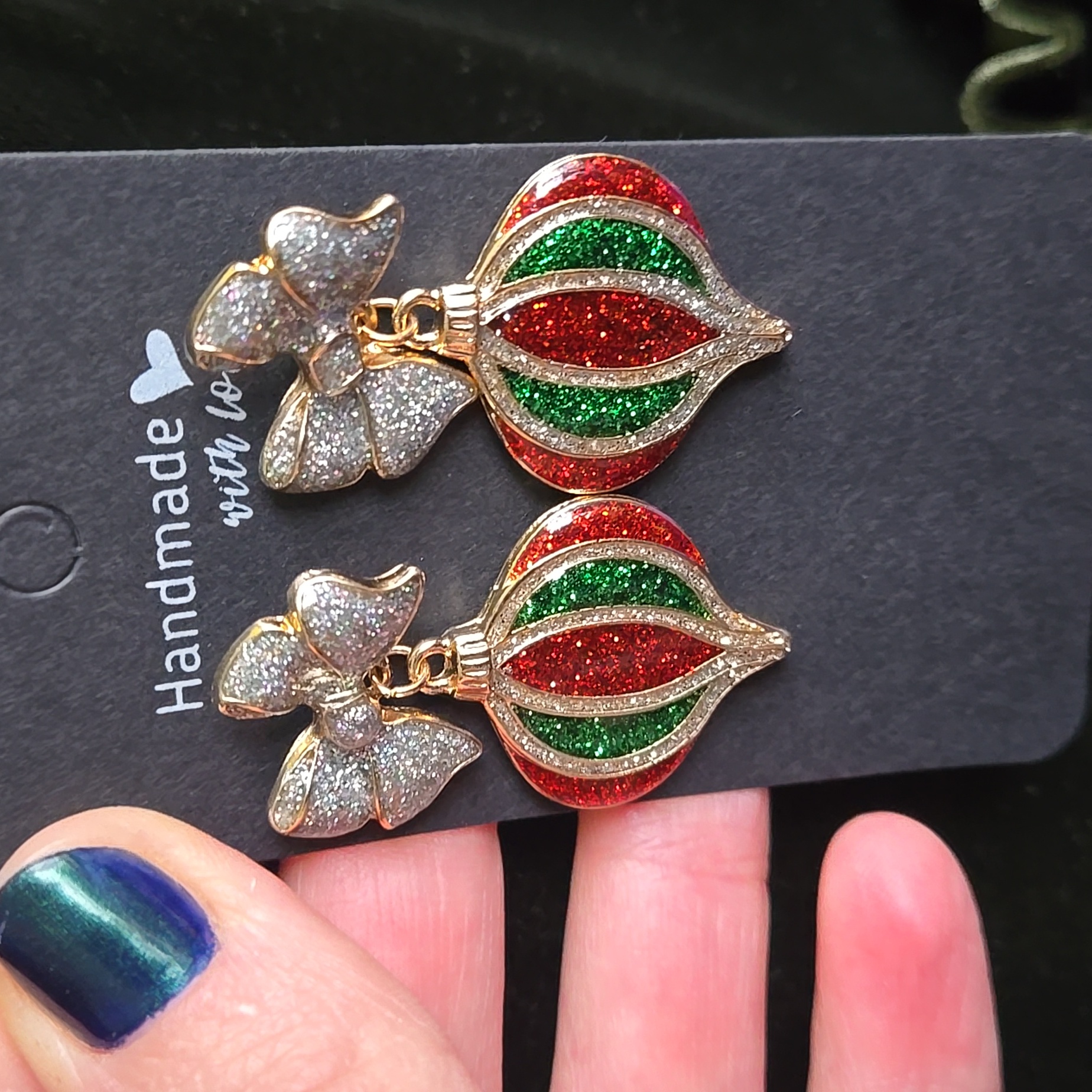 Christmas Ornament Bow Post Earrings, Nwt